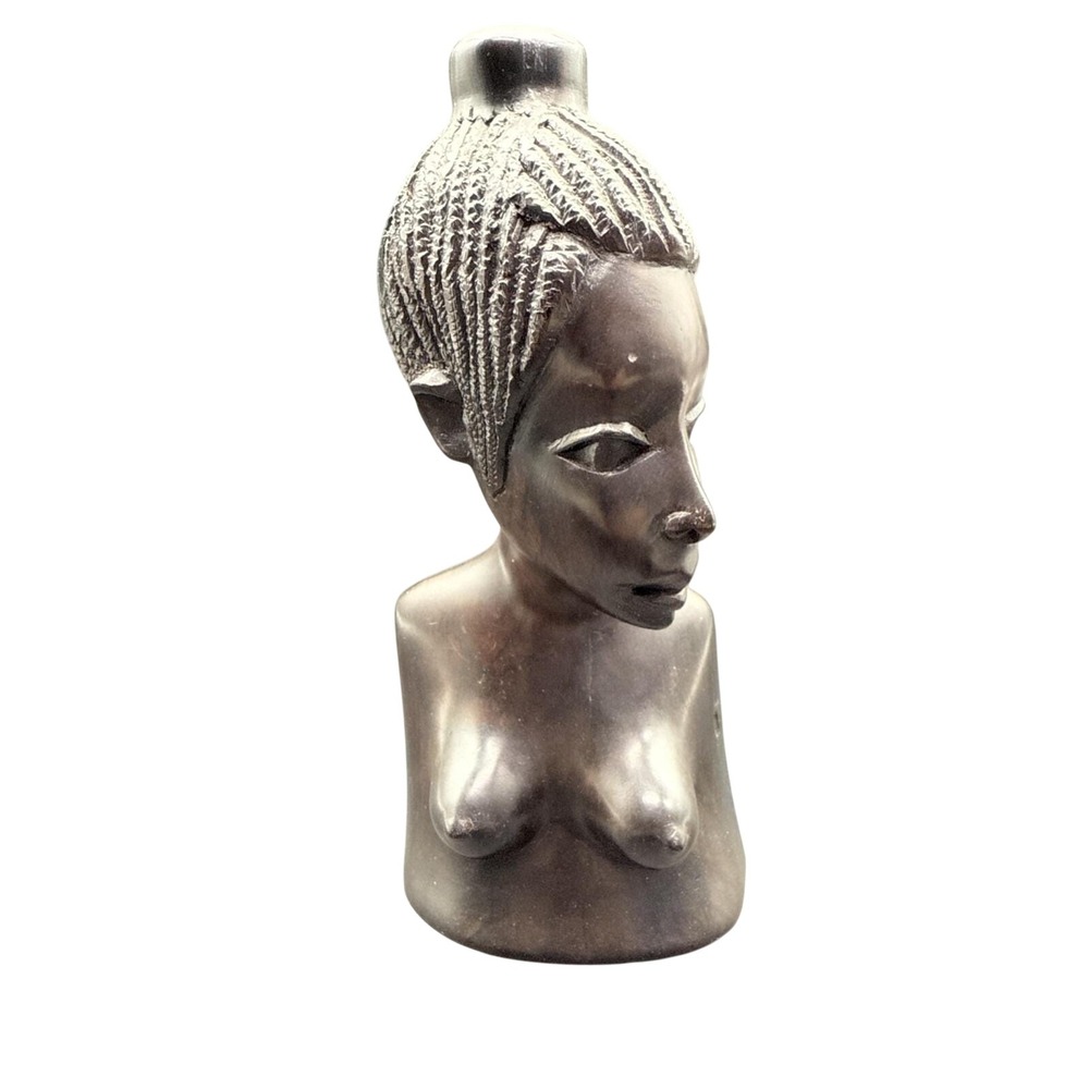 VTG Ebony Wood Hand Carved Woman Sculpture Statue Head Bust African Art 7.5in